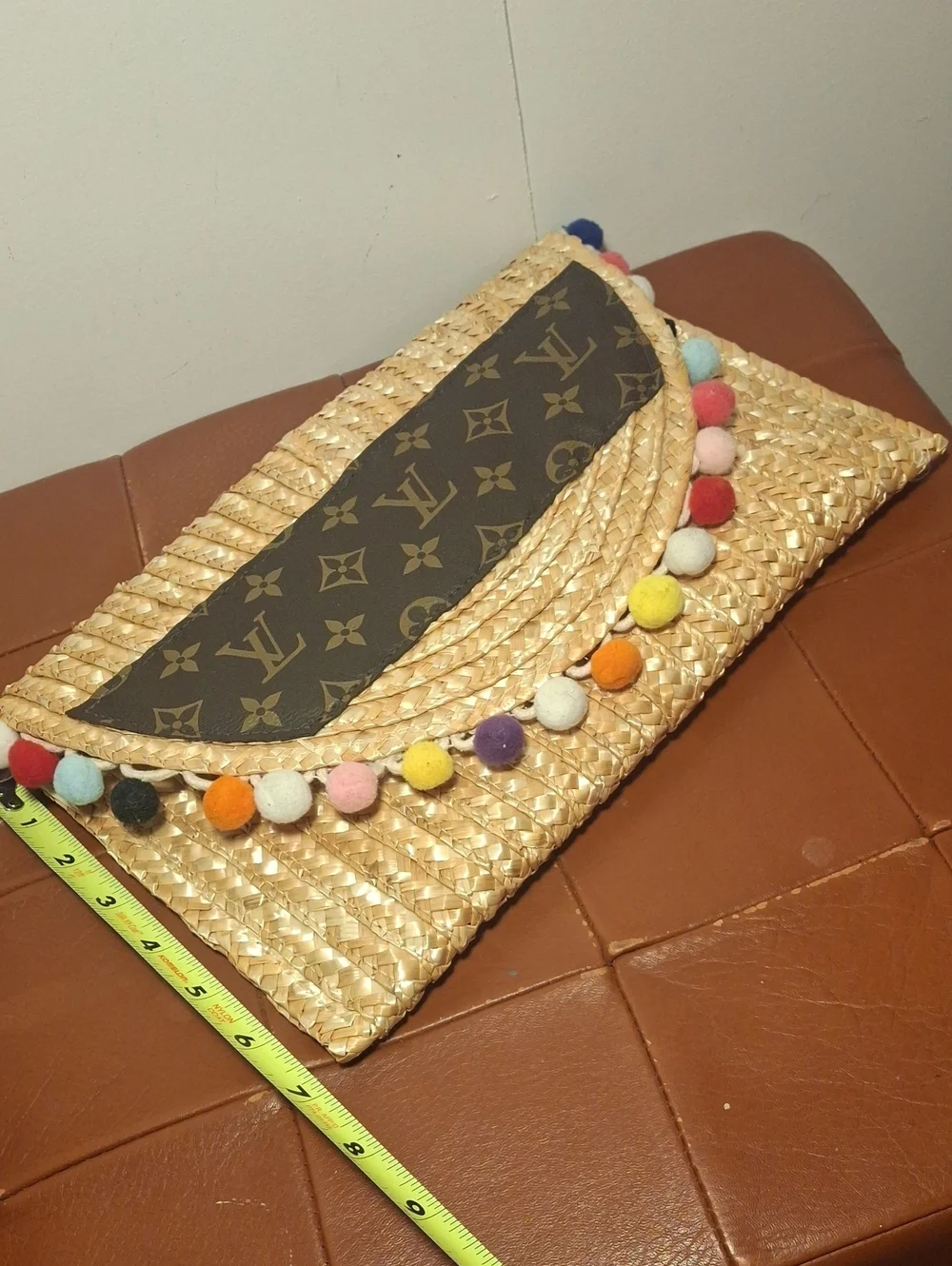 Upcycle Louis Vuitton Straw Clutch with Monogram Panel and Colorful Pom-Poms